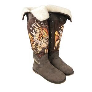 Y2K Vtg Ed Hardy Women Brown Tall Knee High Boots Eagle Design Studded Womens 9